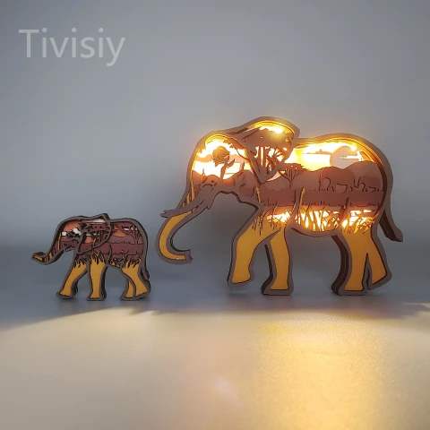 17.7 Inch Elephant Wood Animal Statue Lamp with Voice Control and Remote Control